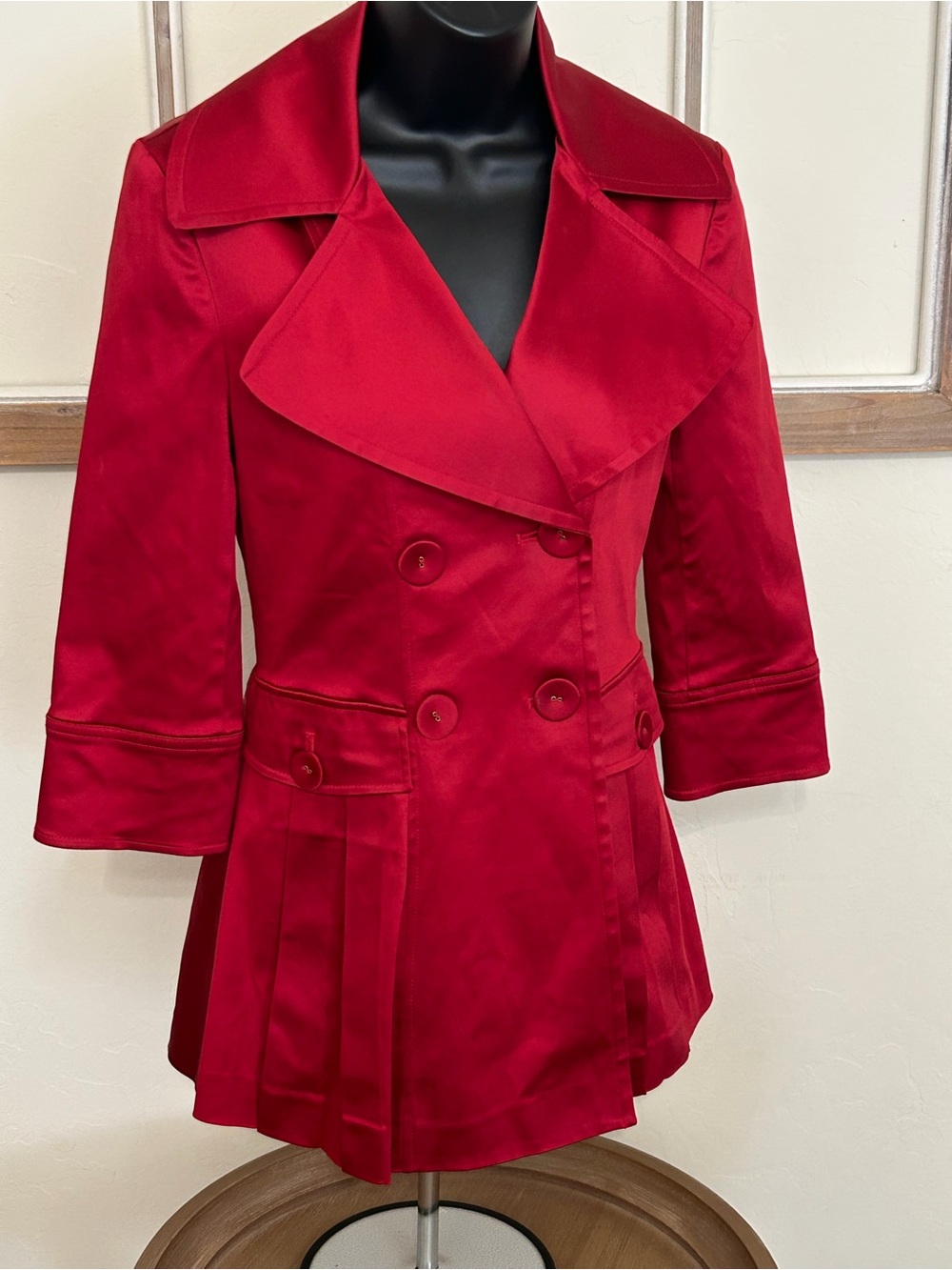 Red Satin Peplum Trench Jacket Size 2 Y2K Statement Coat